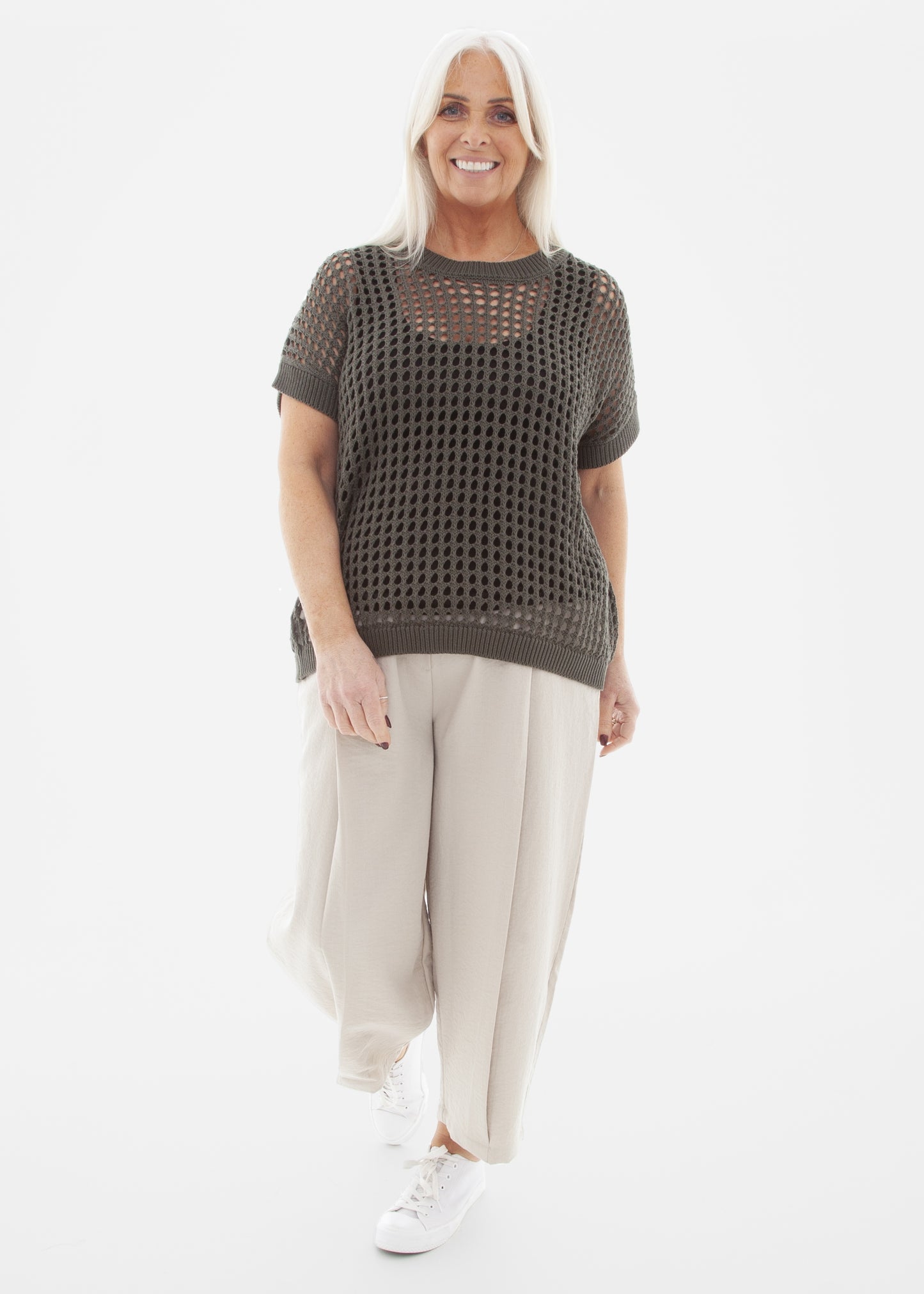 Cotton Mix Crew Neck Holes Jumper - Khaki