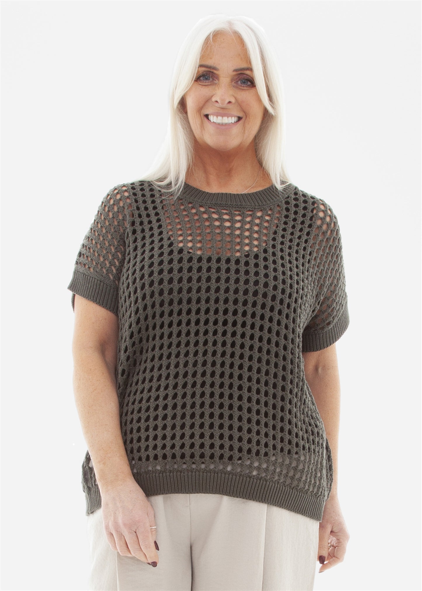 Cotton Mix Crew Neck Holes Jumper - Khaki