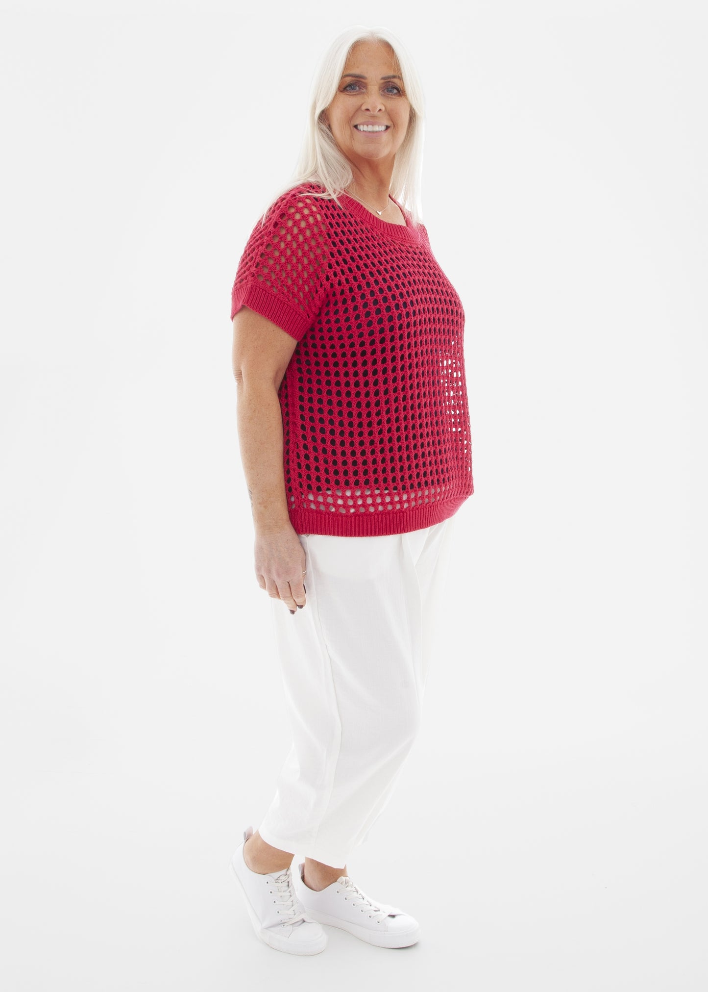 Cotton Mix Crew Neck Holes Jumper - Raspberry