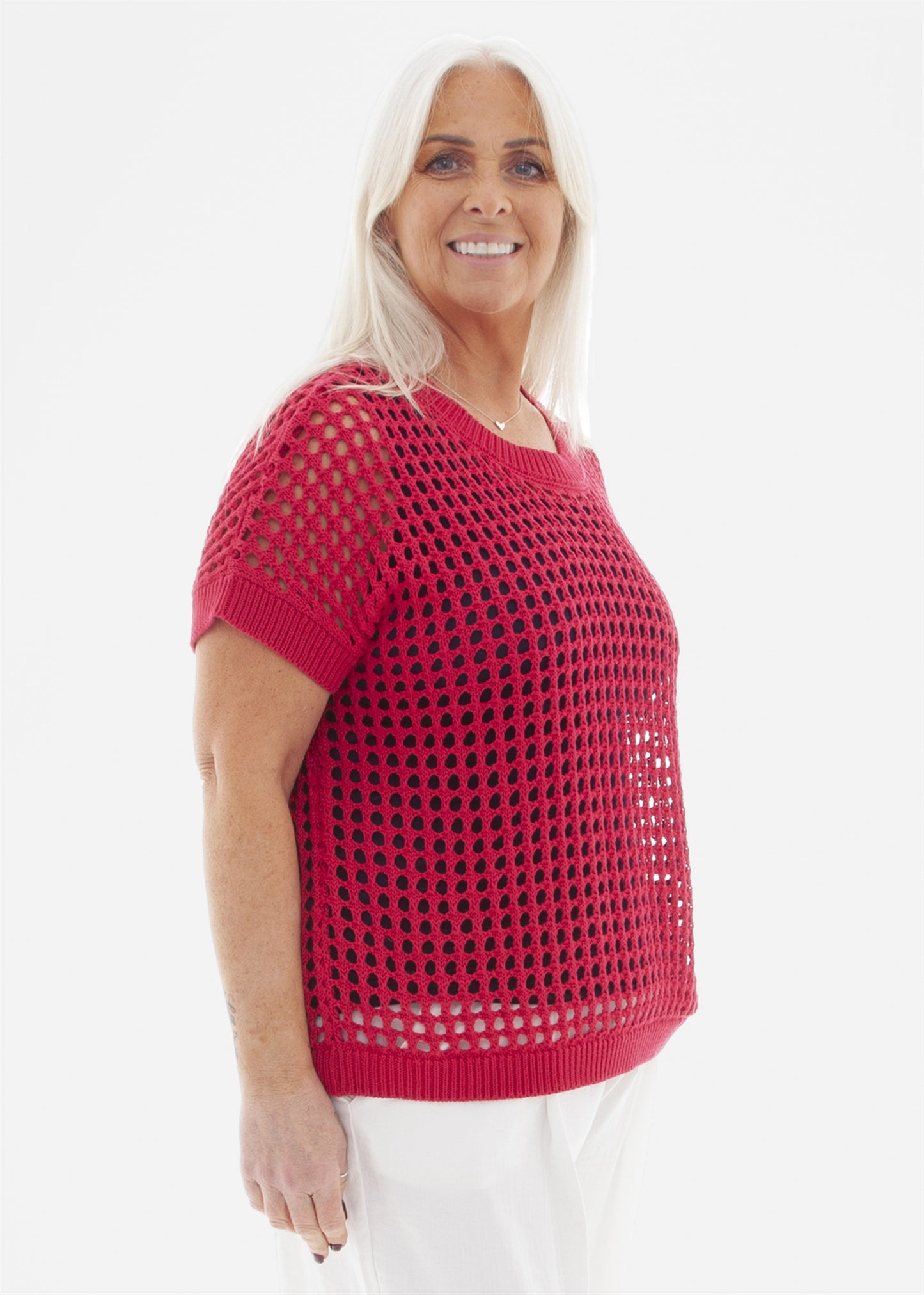 Cotton Mix Crew Neck Holes Jumper - Raspberry