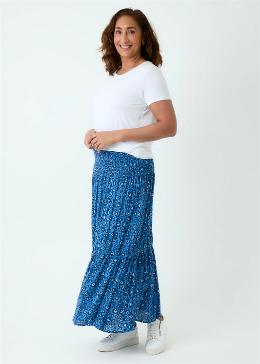 Leopard Print Shirred Waist Skirt - Blue