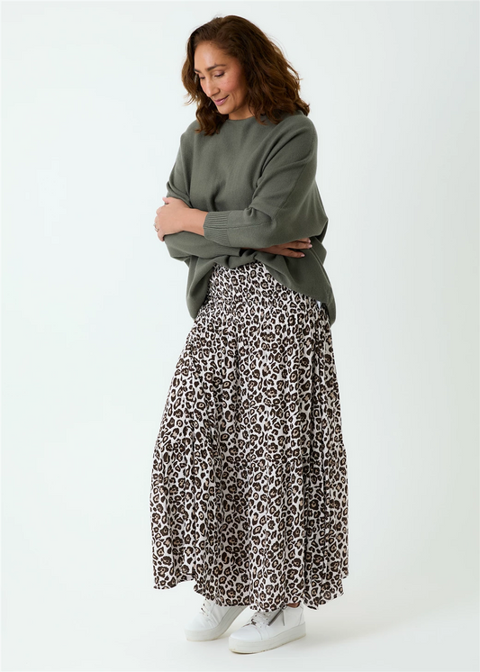 Leopard Print Shirred Waist Skirt - Ivory & Brown