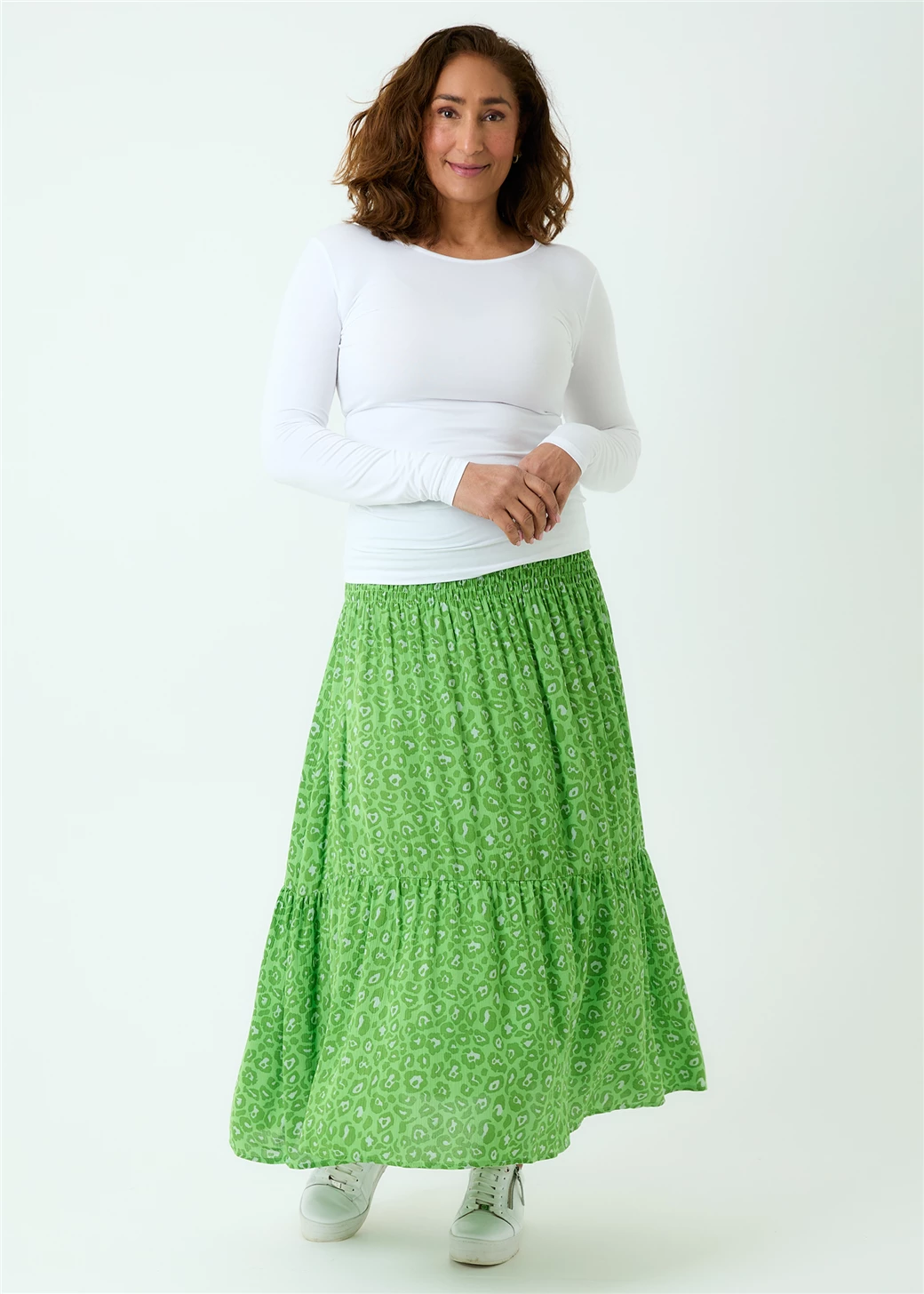 Leopard Print Shirred Waist Skirt - Green