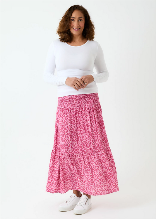 Leopard Print Shirred Waist Skirt - Pink