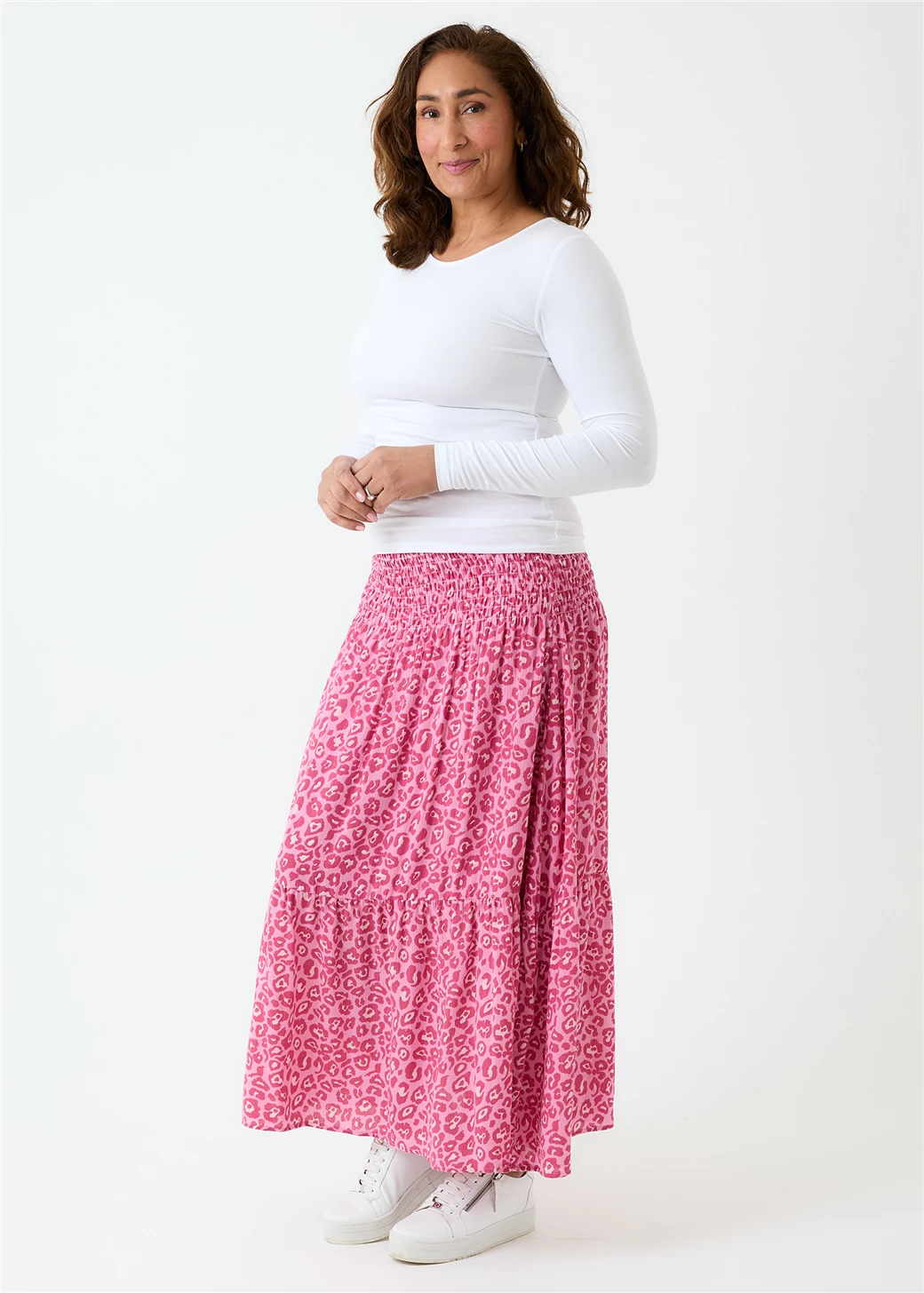 Leopard Print Shirred Waist Skirt - Pink
