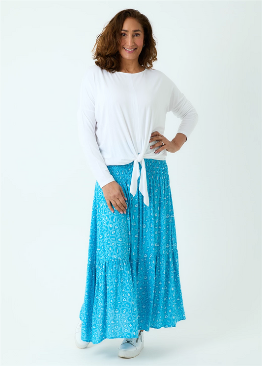 Leopard Print Shirred Waist Skirt - Turquoise