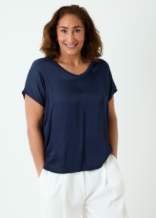 Satin Front V Neck T Shirt - Navy