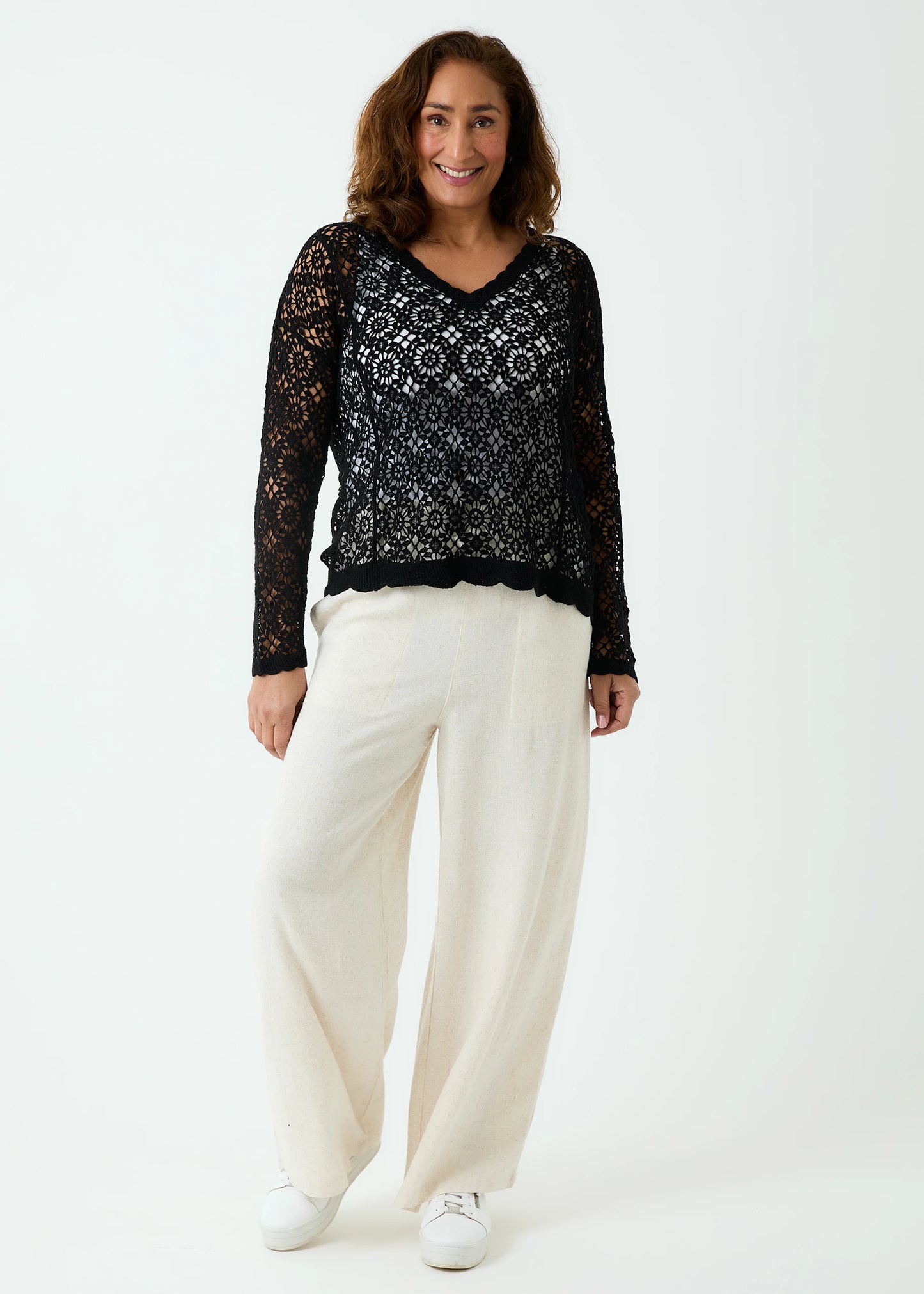 Cotton Crochet V Neck Long Sleeve Top - Ivory / Black / Khaki