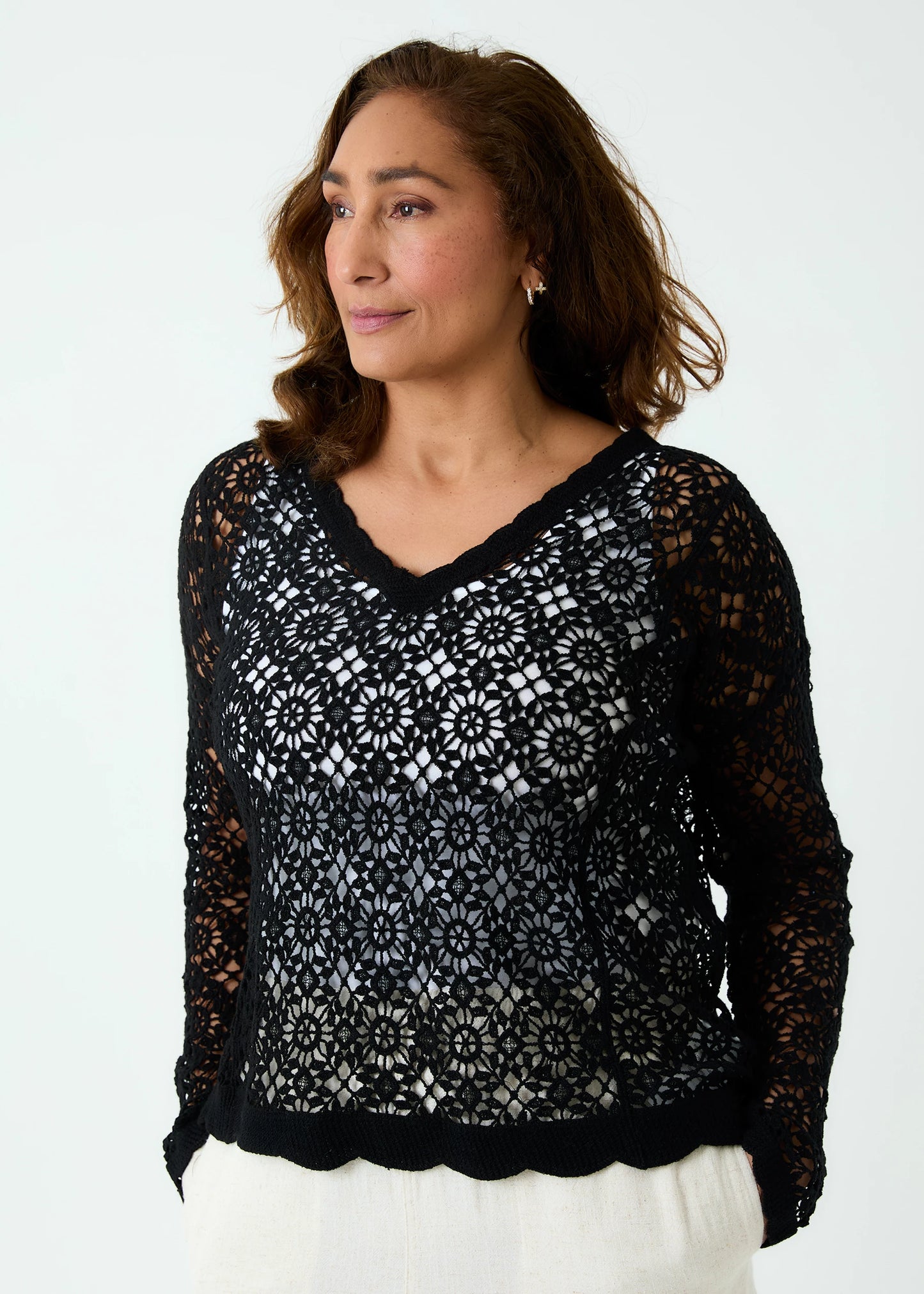 Cotton Crochet V Neck Long Sleeve Top - Ivory / Black / Khaki