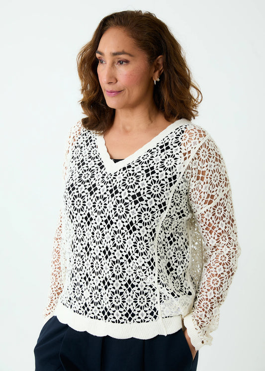 Cotton Crochet V Neck Long Sleeve Top - Ivory / Black / Khaki