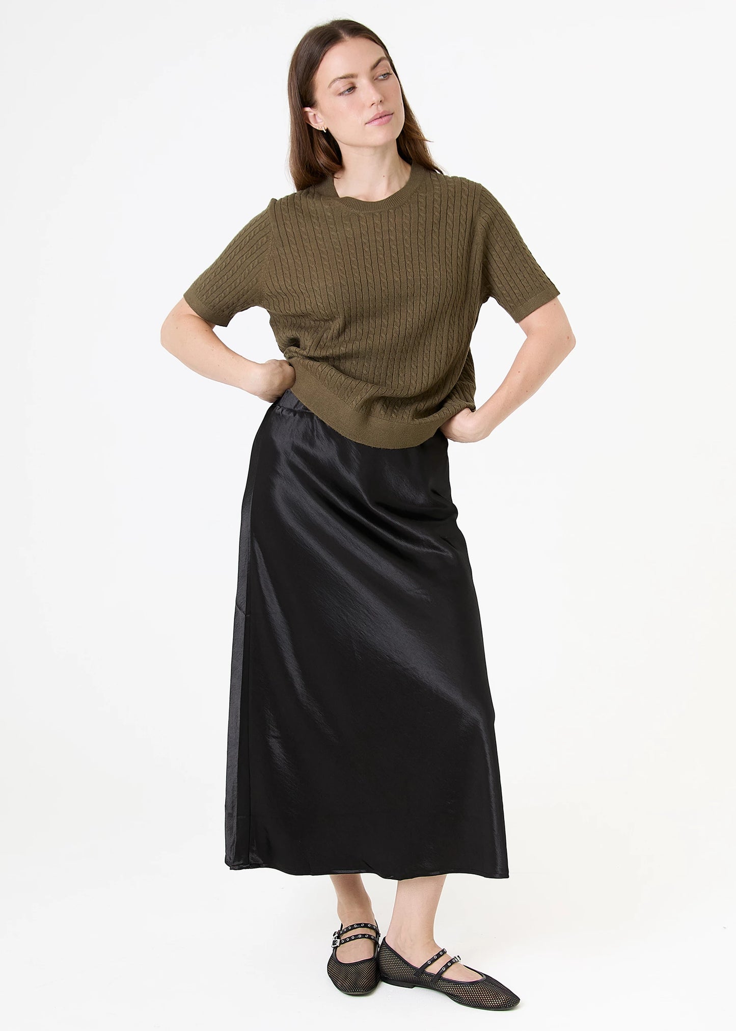 Cable Short Sleeve Jumper - Olive Green