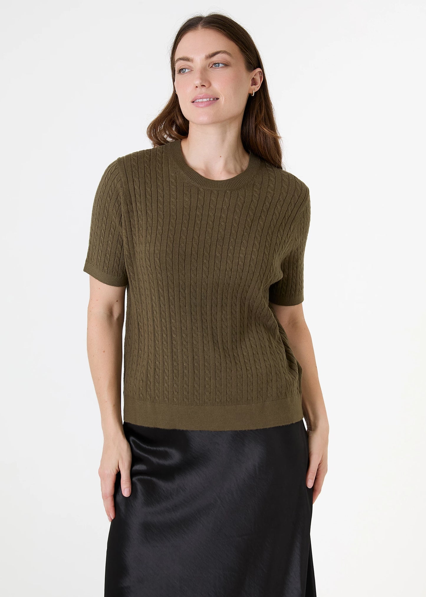 Cable Short Sleeve Jumper - Olive Green