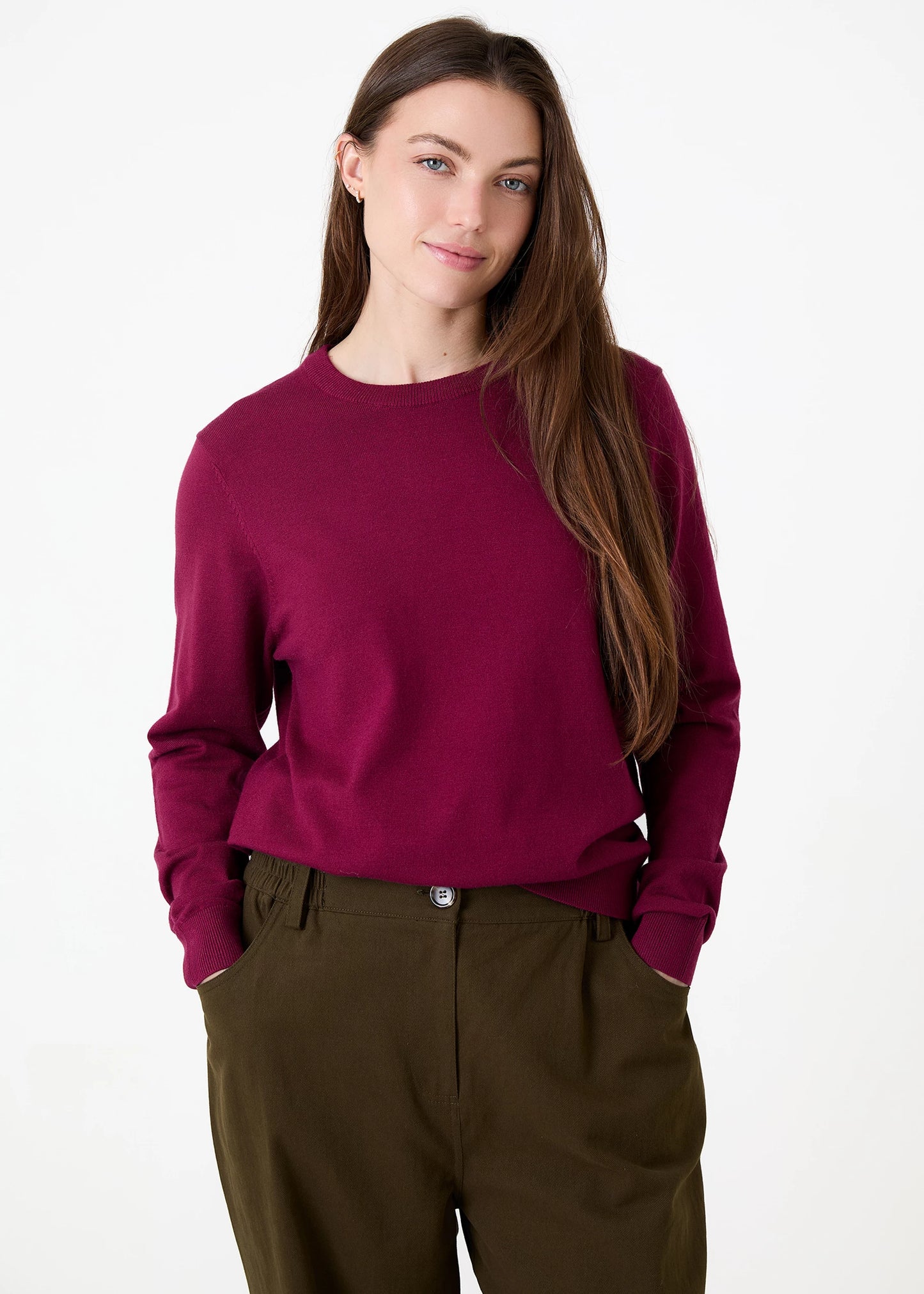 Fitted Crew Neck Long Sleeve Jumper - Burgundy