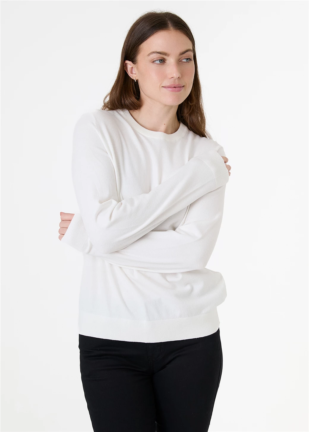 Fitted Crew Neck Long Sleeve Jumper - Ivory