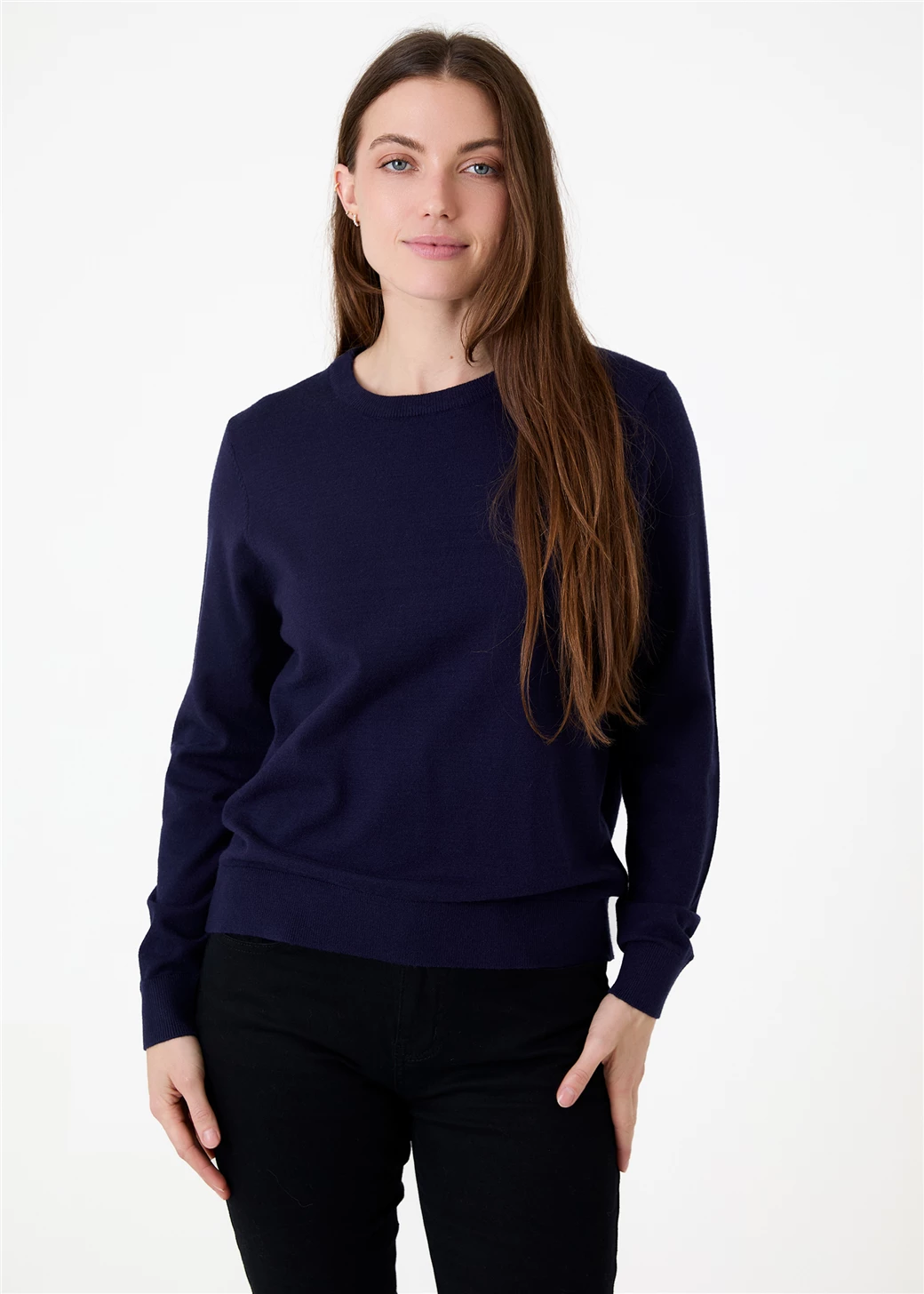 Fitted Crew Neck Long Sleeve Jumper - Navy