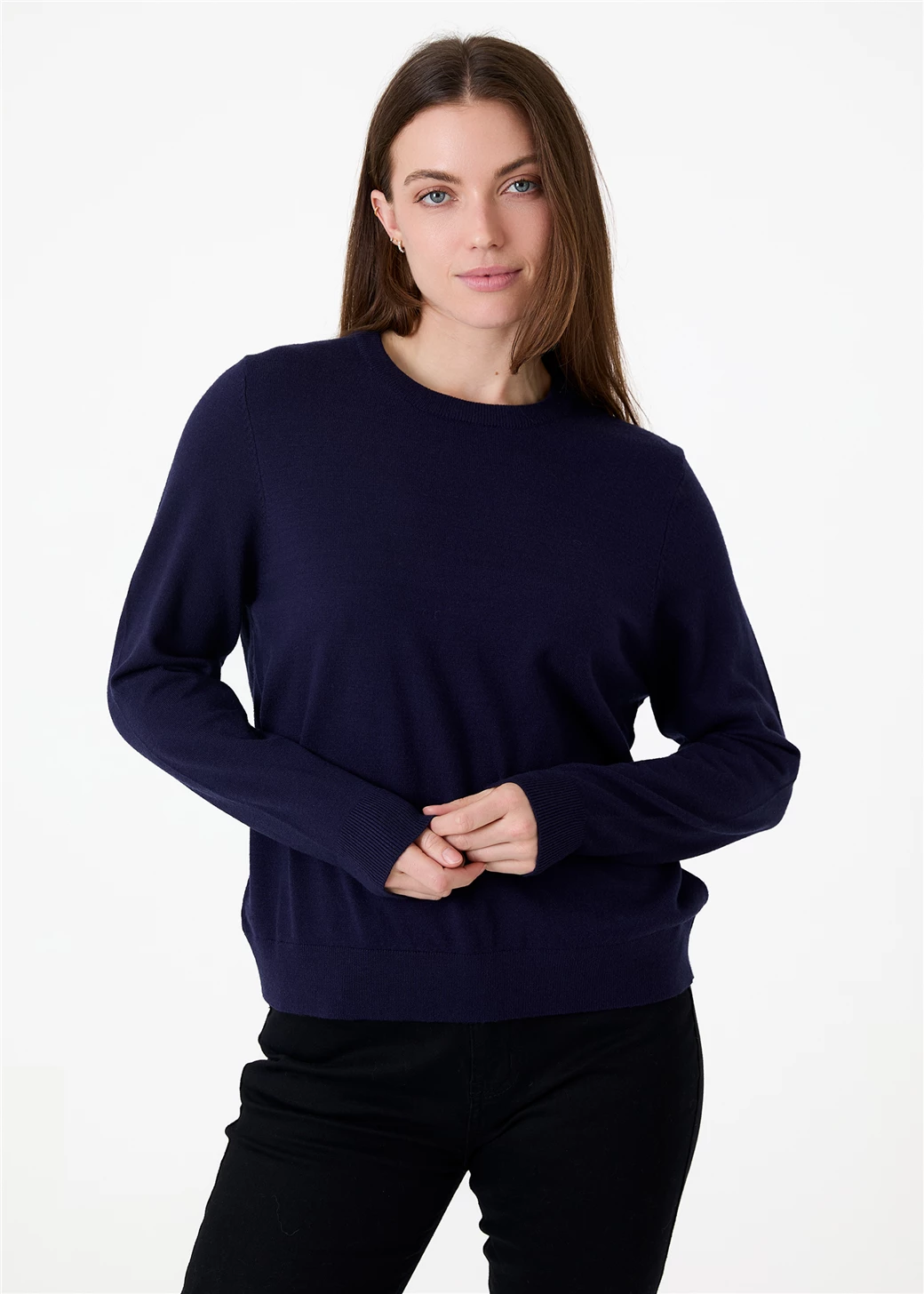 Fitted Crew Neck Long Sleeve Jumper - Navy