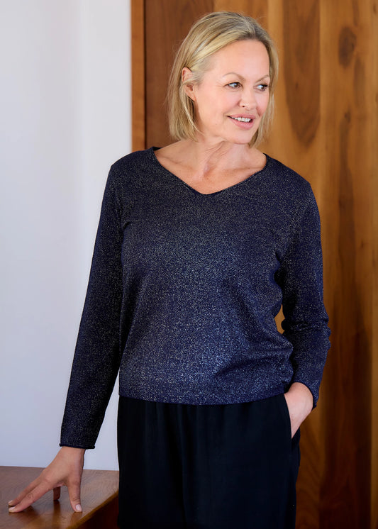 Cashmere Long Sleeve V Neck Jumper With Metallic Thread - Black or Navy