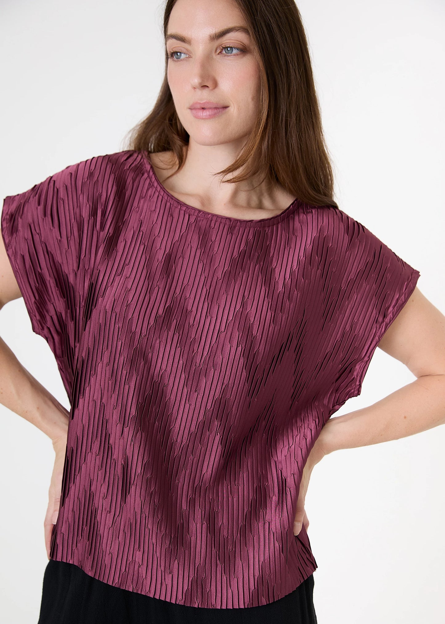 Chevron Pleat Cap Sleeve Satin Top - Black / Mink / Wine