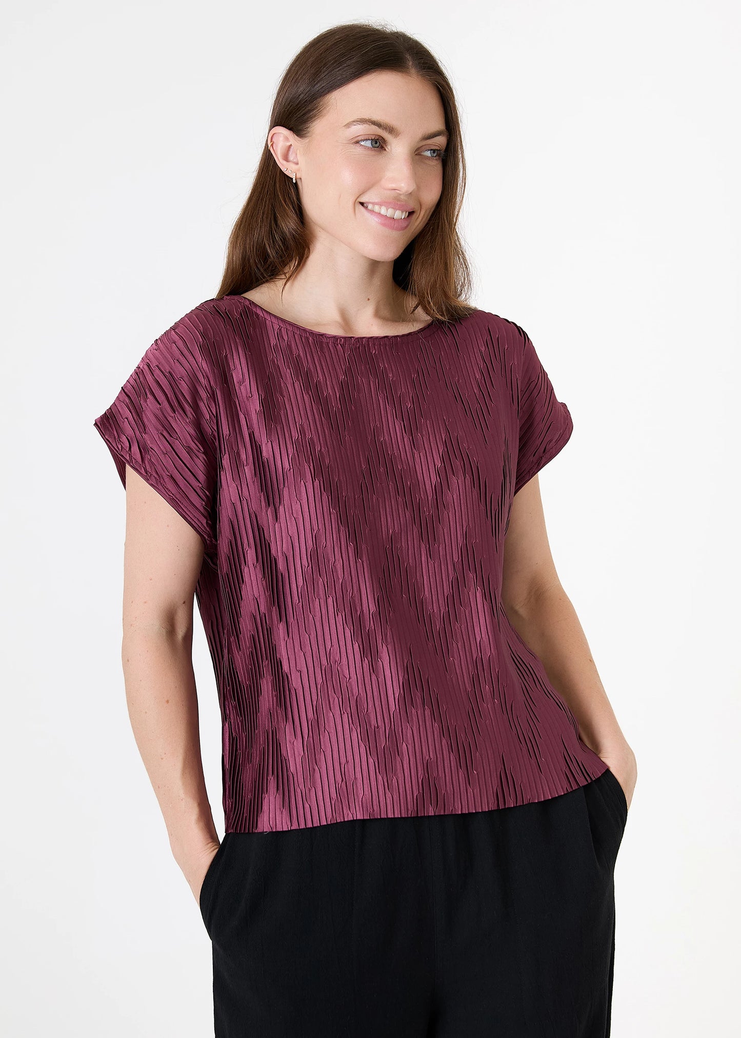 Chevron Pleat Cap Sleeve Satin Top - Black / Mink / Wine