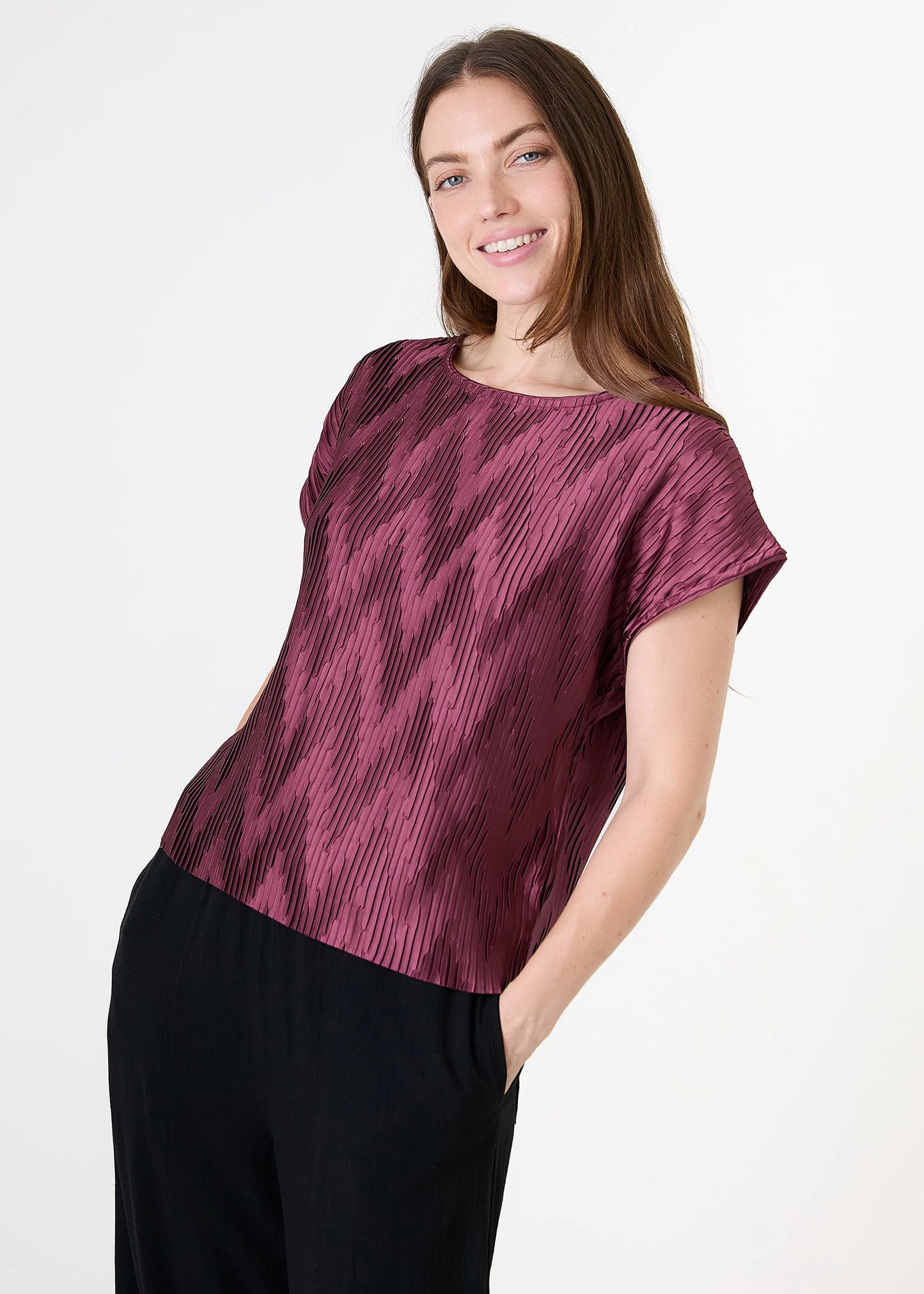 Chevron Pleat Cap Sleeve Satin Top - Black / Mink / Wine