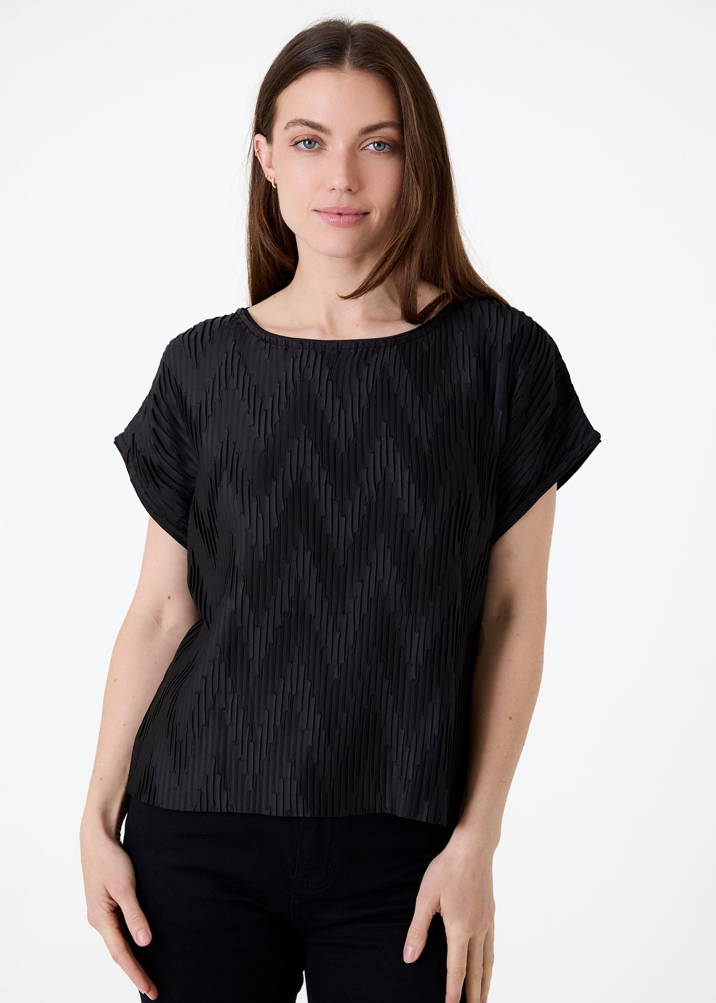 Chevron Pleat Cap Sleeve Satin Top - Black / Mink / Wine