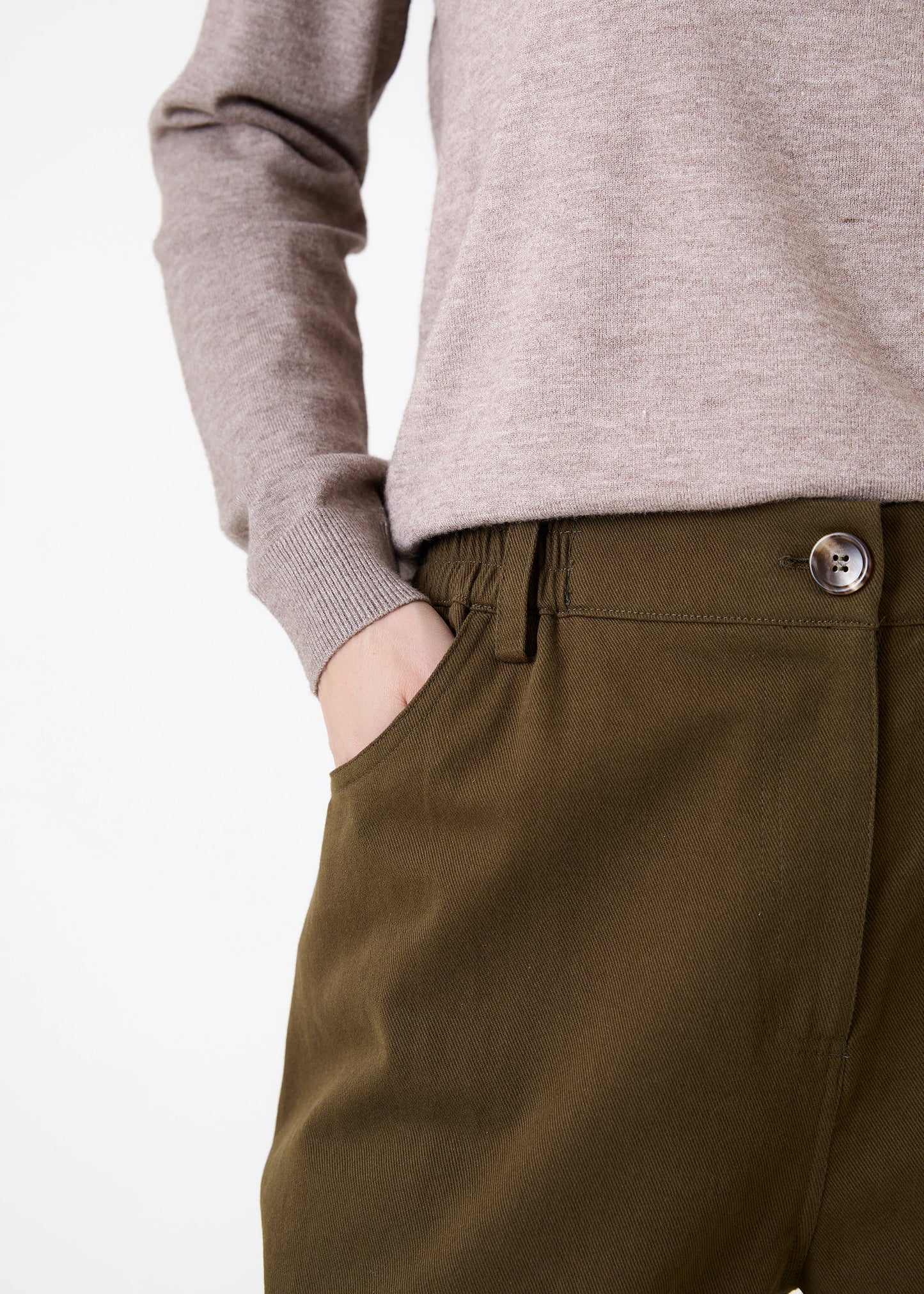 Cotton Twill Flat Front Elastic Waist Trouser - Khaki