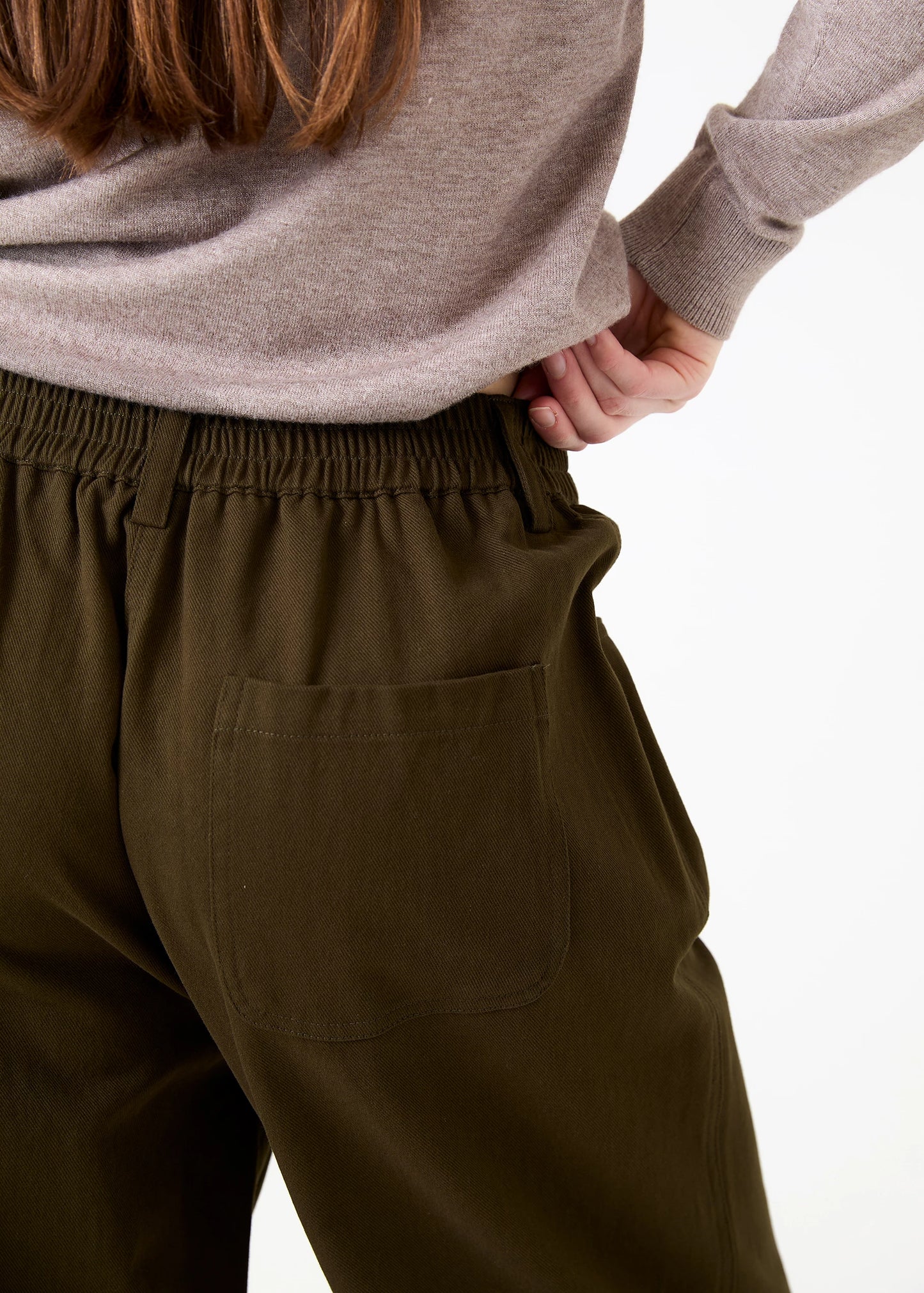 Cotton Twill Flat Front Elastic Waist Trouser - Khaki