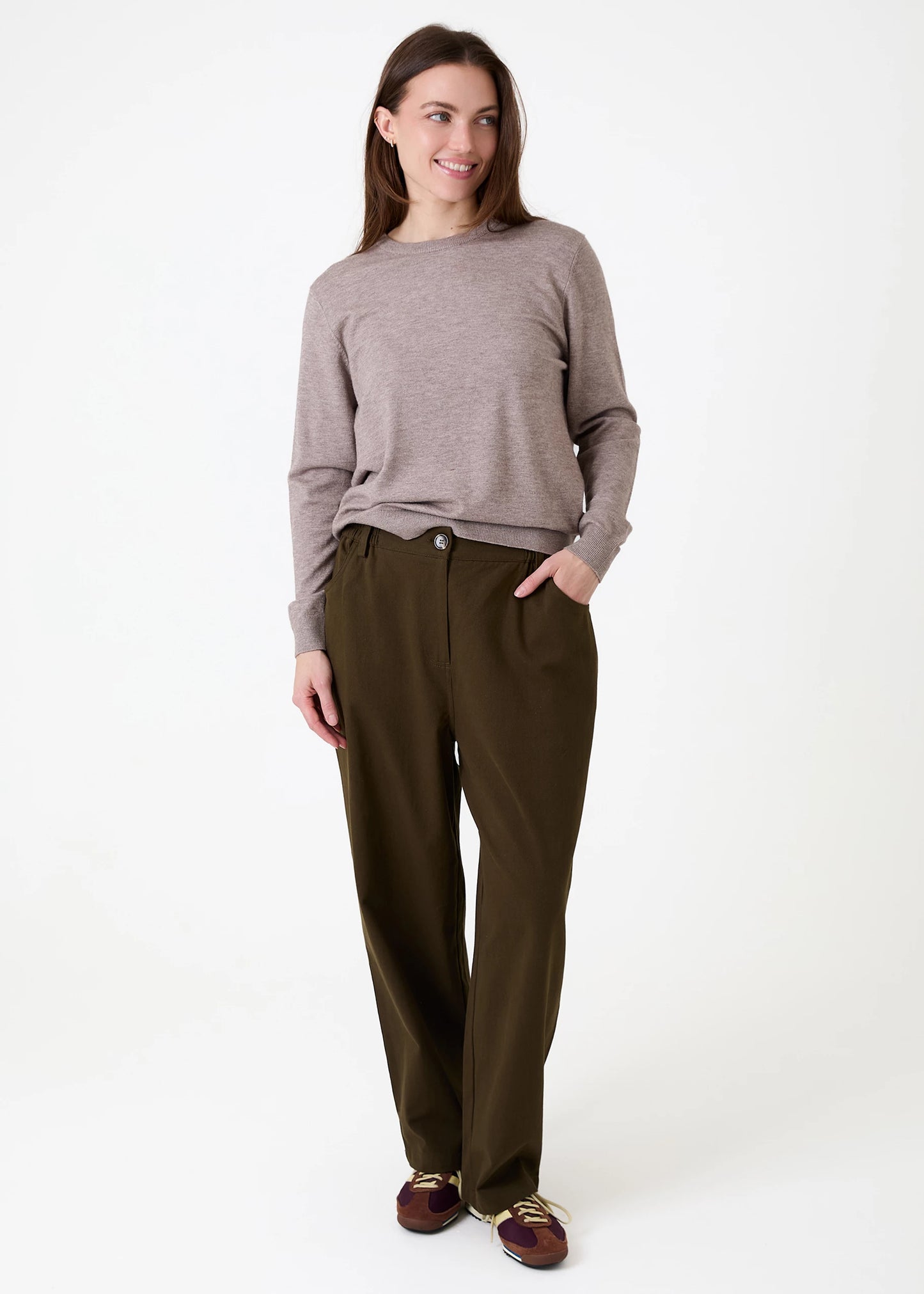 Cotton Twill Flat Front Elastic Waist Trouser - Khaki