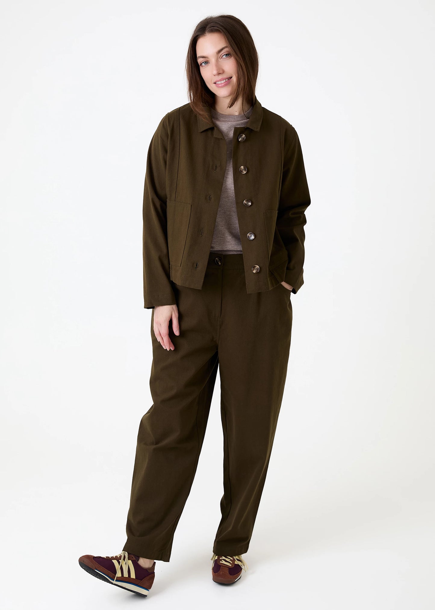Cotton Twill Flat Front Elastic Waist Trouser - Khaki