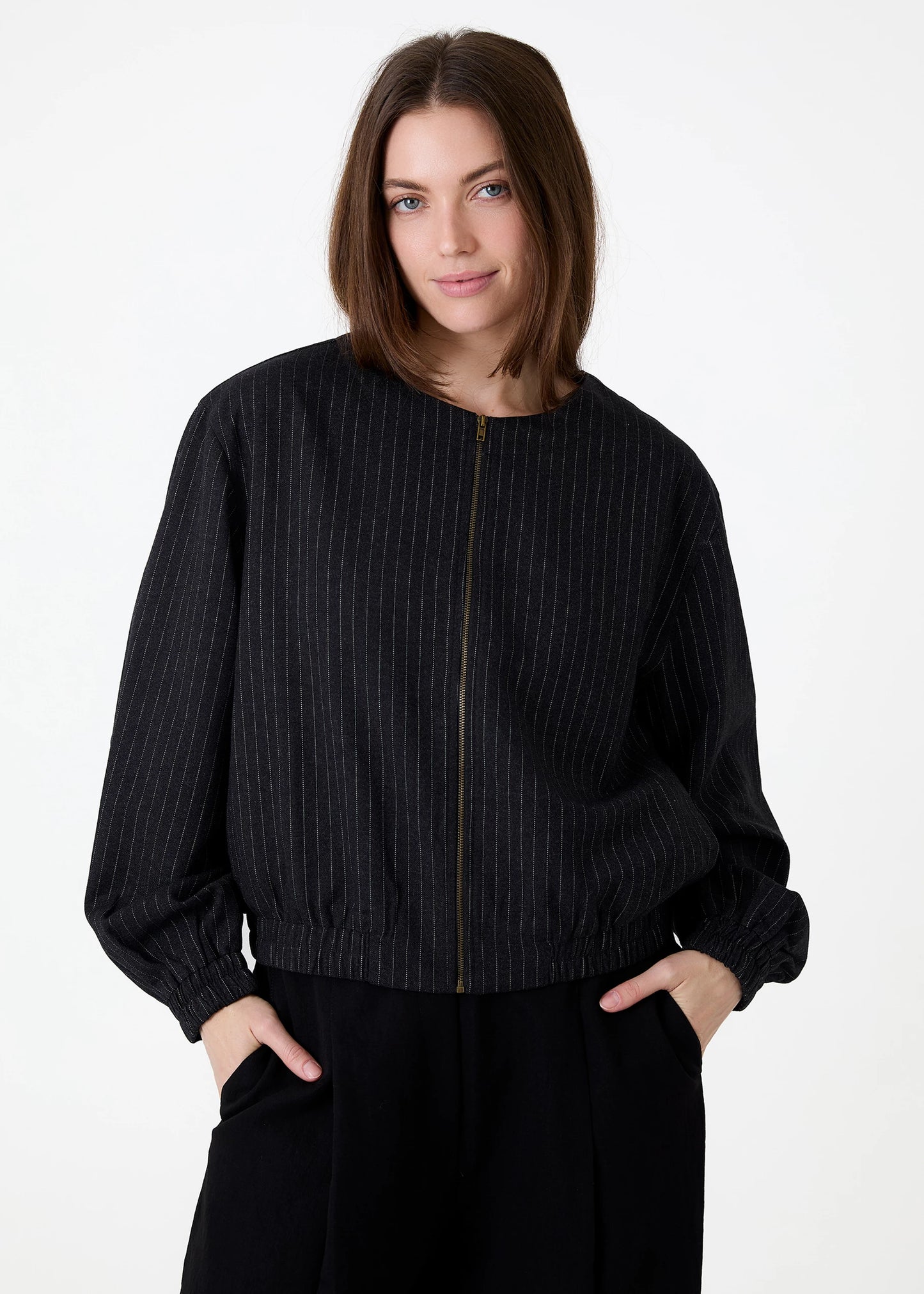 Pinstripe Zip Front Bomber Jacket - Charcoal & White