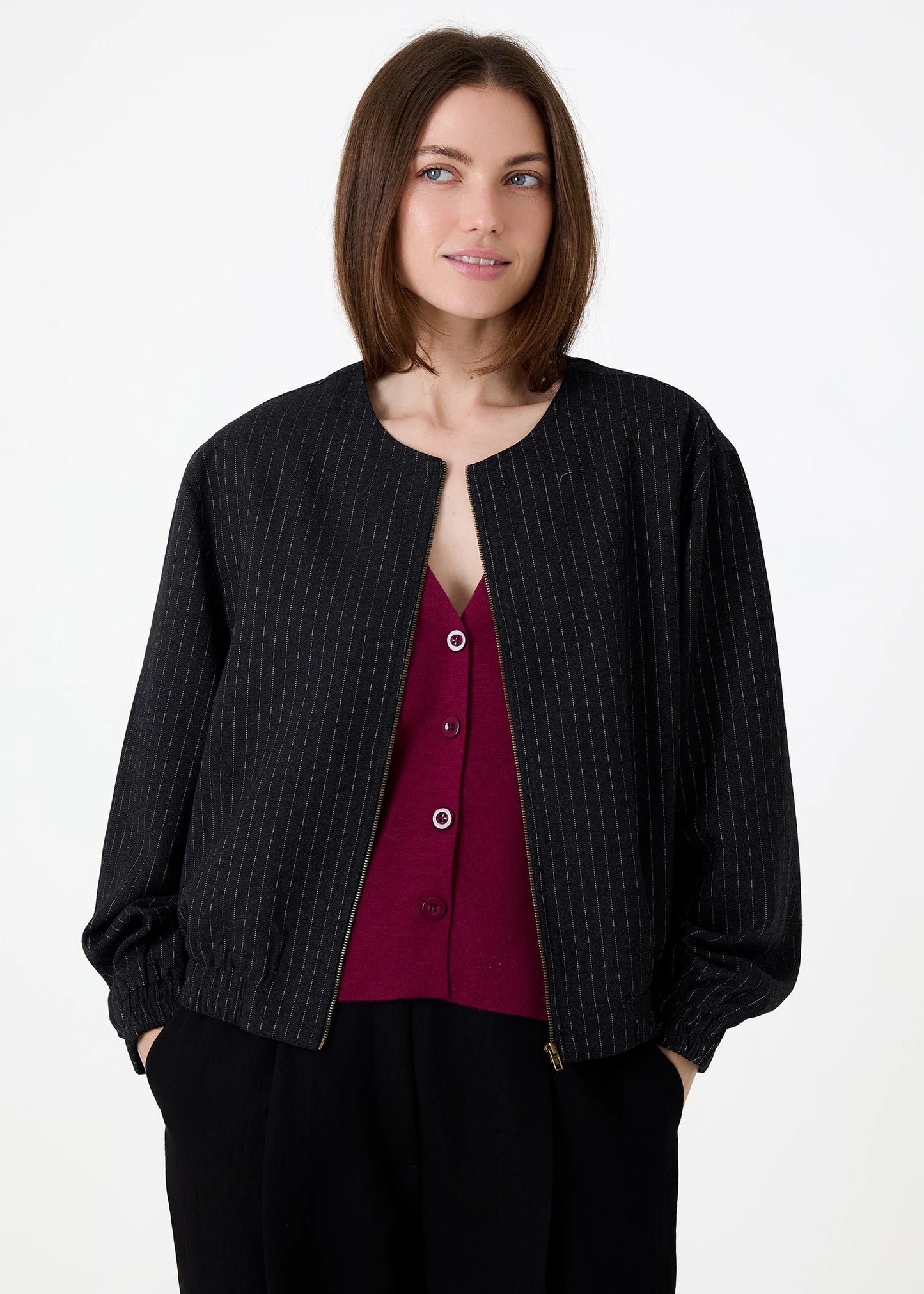 Pinstripe Zip Front Bomber Jacket - Charcoal & White