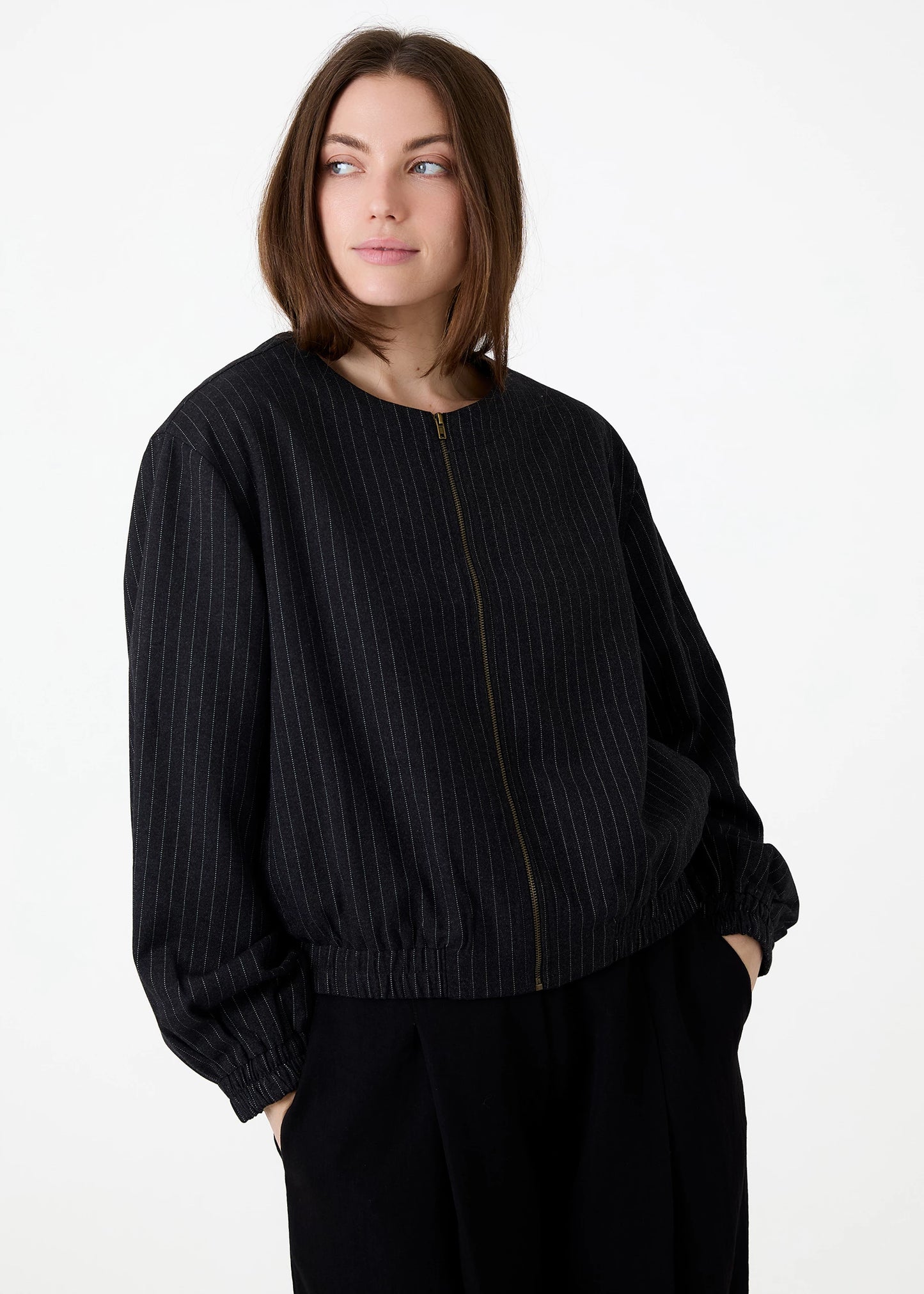 Pinstripe Zip Front Bomber Jacket - Charcoal & White