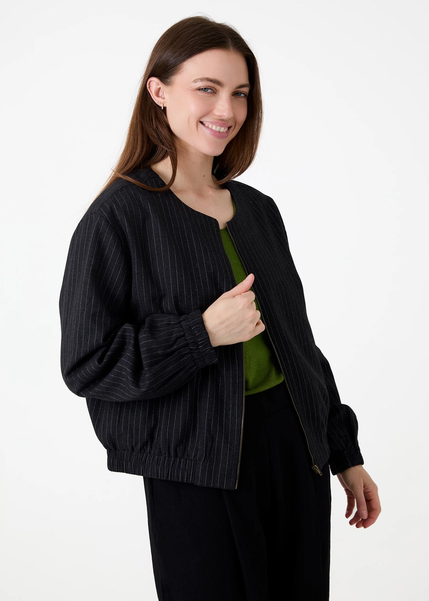 Pinstripe Zip Front Bomber Jacket - Charcoal & White