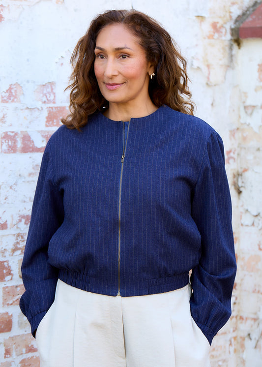 Pinstripe Zip Front Bomber Jacket - Navy & White