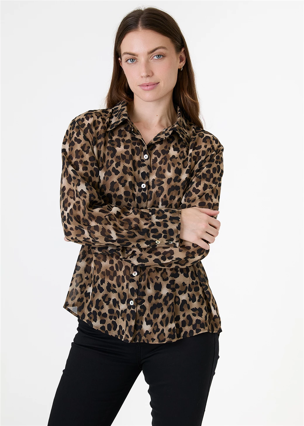 Leopard Print Chiffon Shirt - Brown