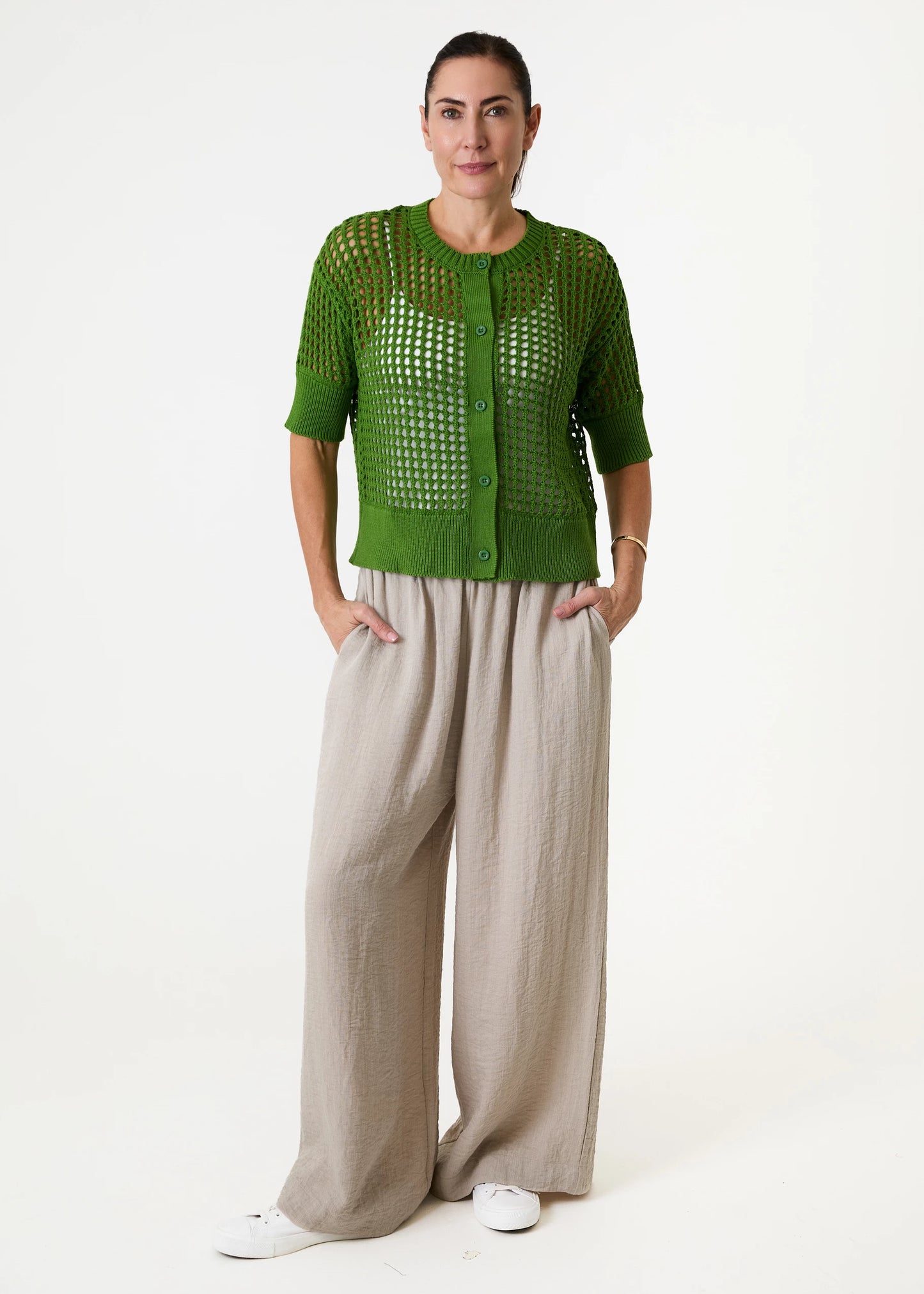 Cotton Mix Crew Neck Holes Button Cardigan / Jumper - Various Colours
