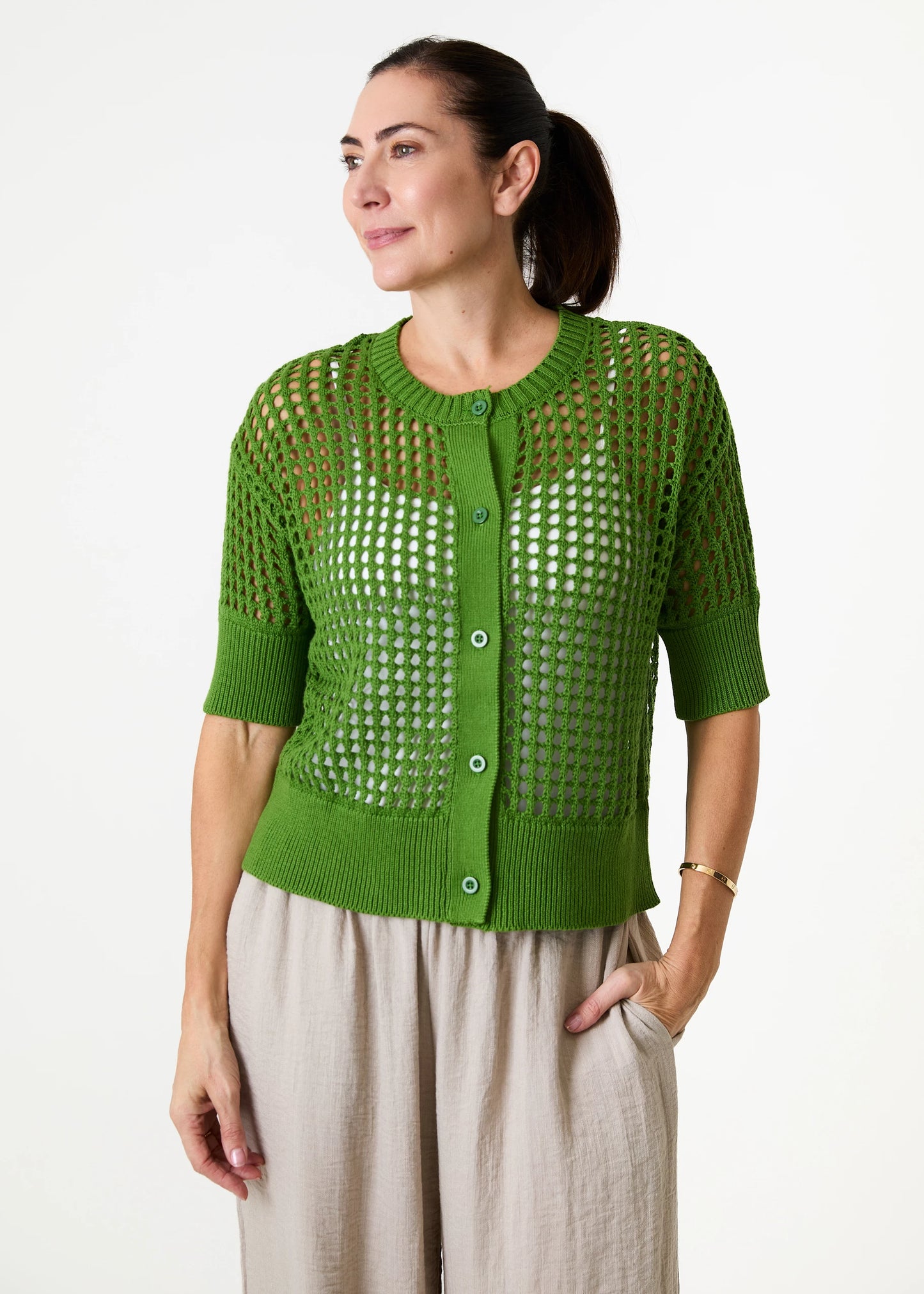 Cotton Mix Crew Neck Holes Button Cardigan / Jumper - Various Colours