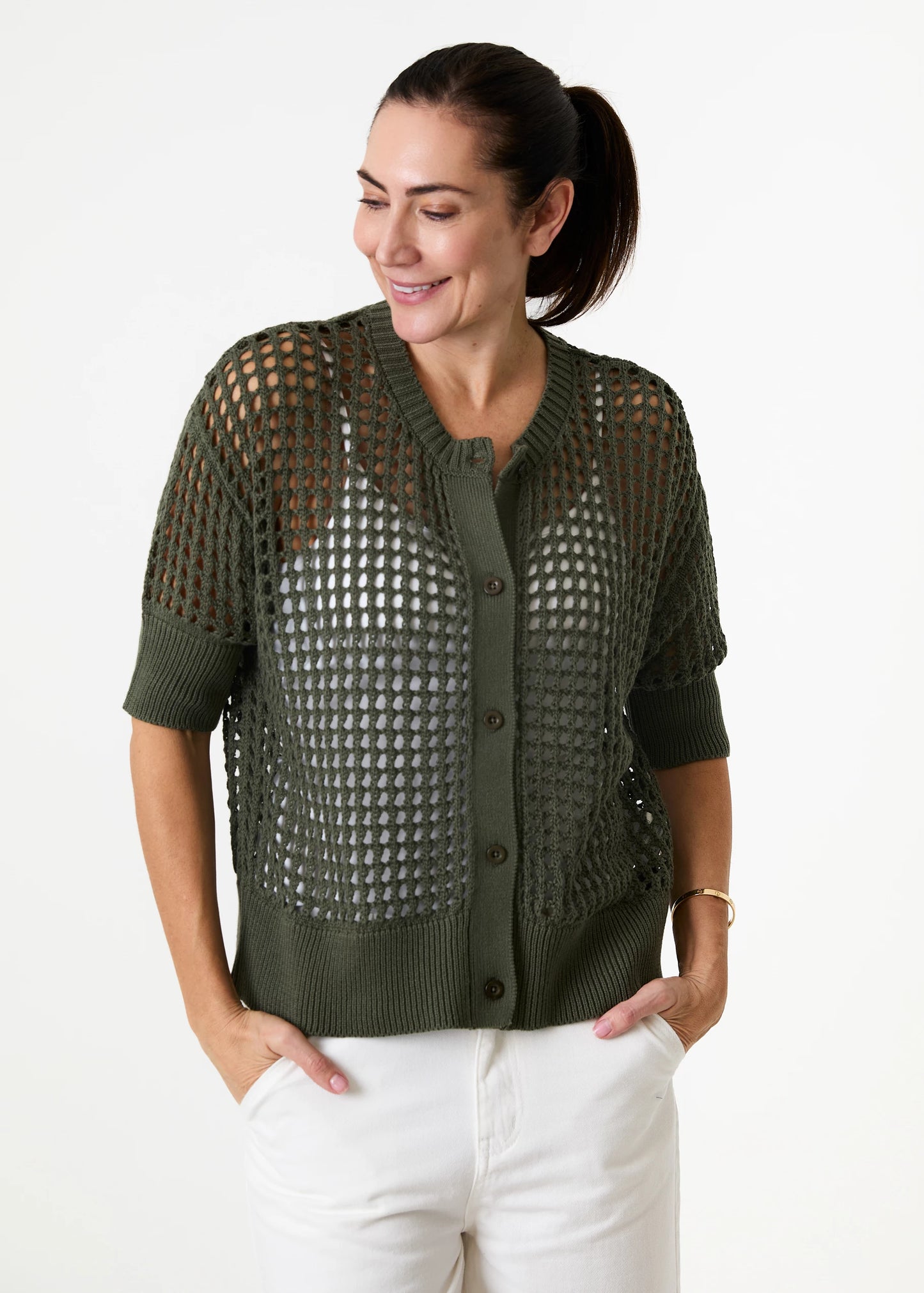 Cotton Mix Crew Neck Holes Button Cardigan / Jumper - Various Colours