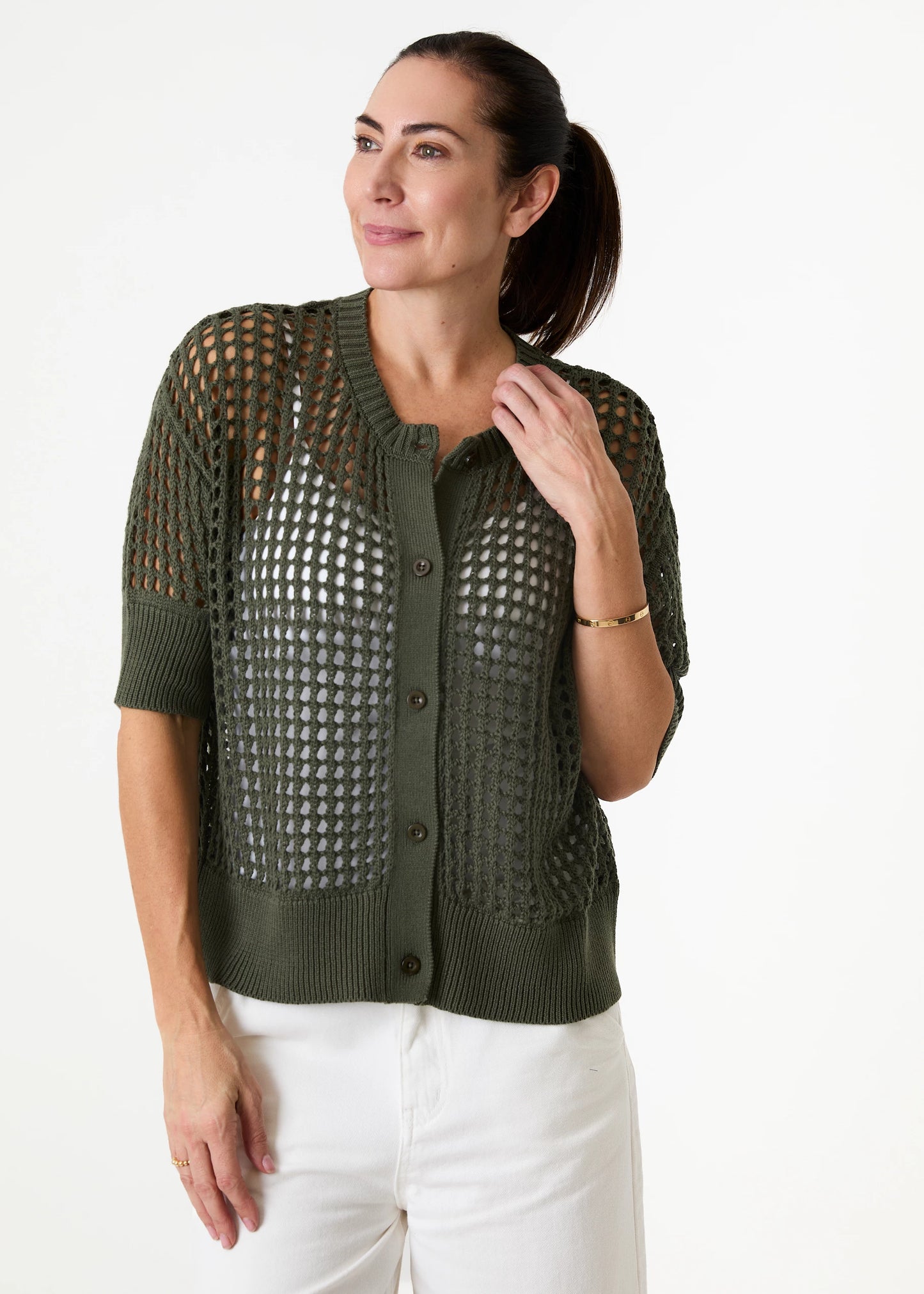 Cotton Mix Crew Neck Holes Button Cardigan / Jumper - Various Colours