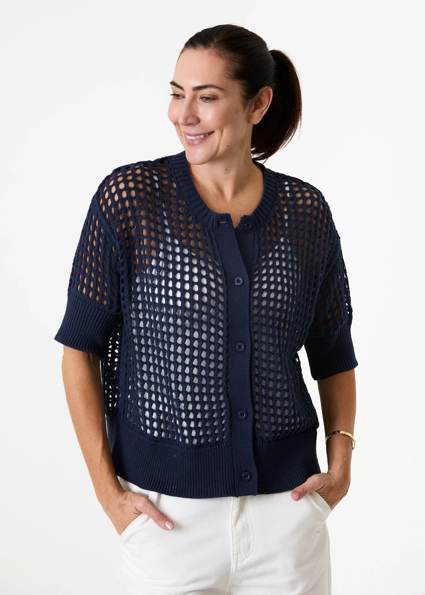 Cotton Mix Crew Neck Holes Button Cardigan / Jumper - Various Colours