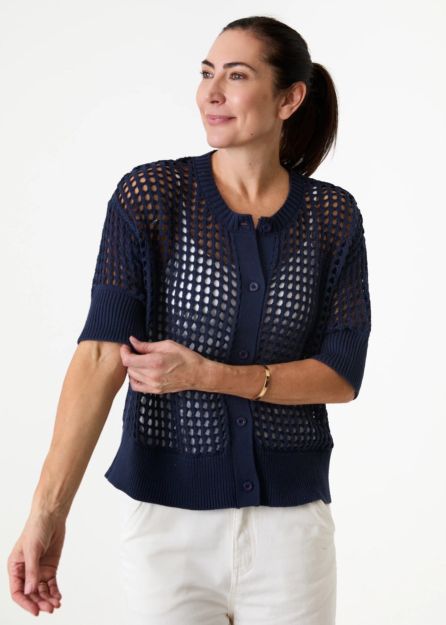 Cotton Mix Crew Neck Holes Button Cardigan / Jumper - Various Colours