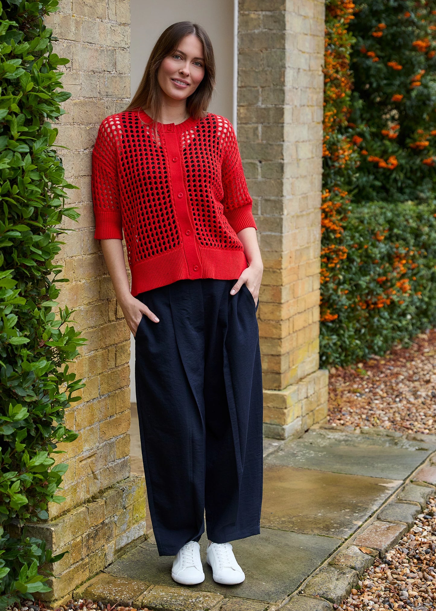 Cotton Mix Crew Neck Holes Button Cardigan / Jumper - Various Colours