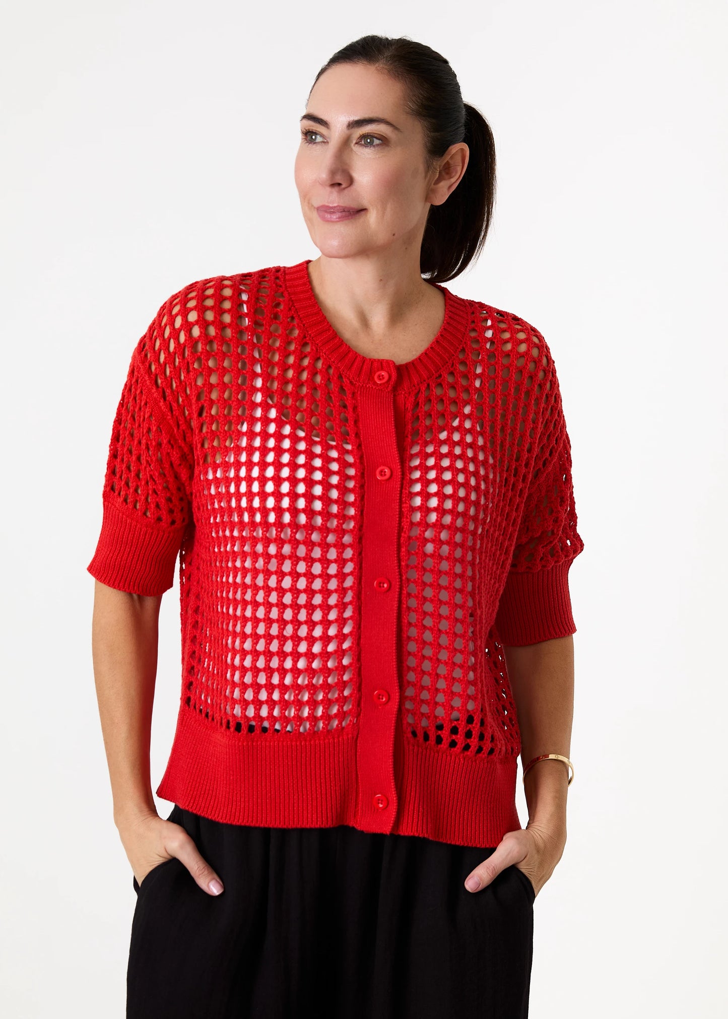 Cotton Mix Crew Neck Holes Button Cardigan / Jumper - Various Colours