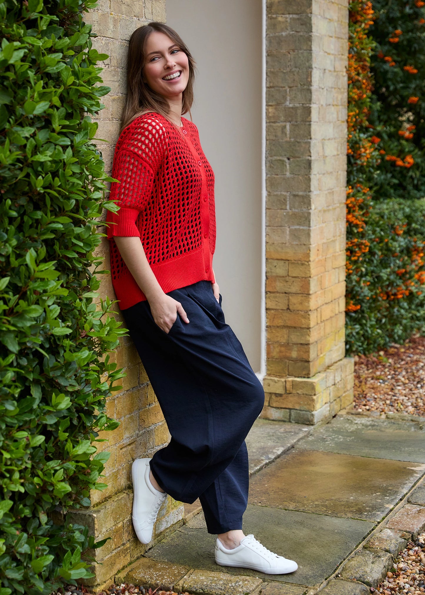Cotton Mix Crew Neck Holes Button Cardigan / Jumper - Various Colours