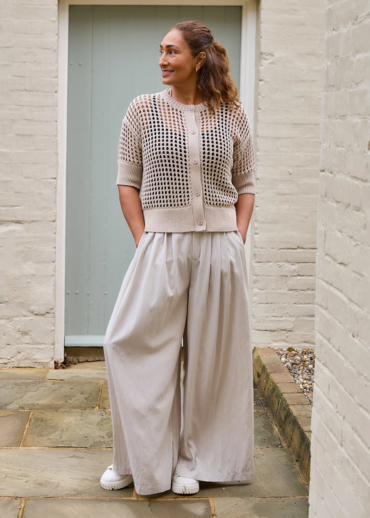 Cotton Mix Crew Neck Holes Button Cardigan / Jumper - Various Colours