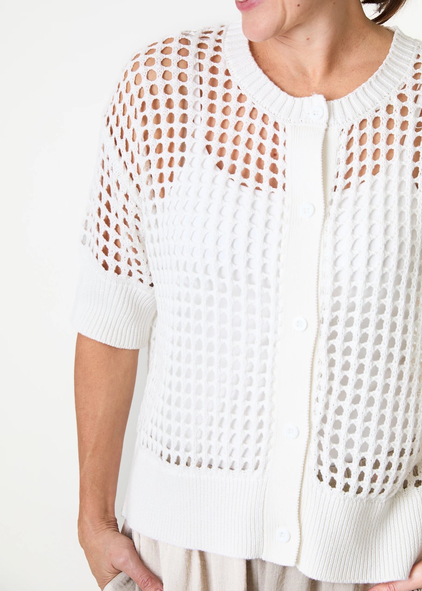 Cotton Mix Crew Neck Holes Button Cardigan / Jumper - Various Colours