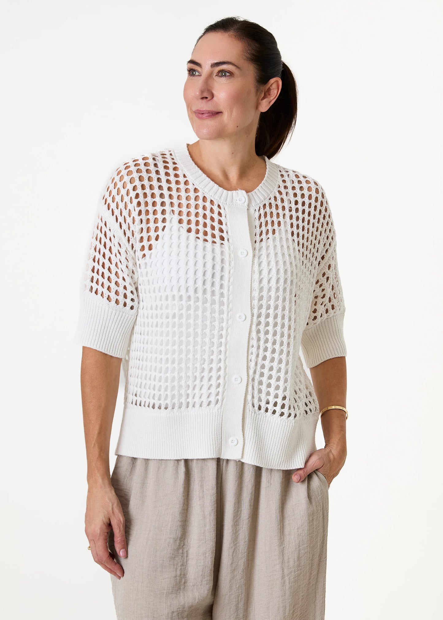 Cotton Mix Crew Neck Holes Button Cardigan / Jumper - Various Colours