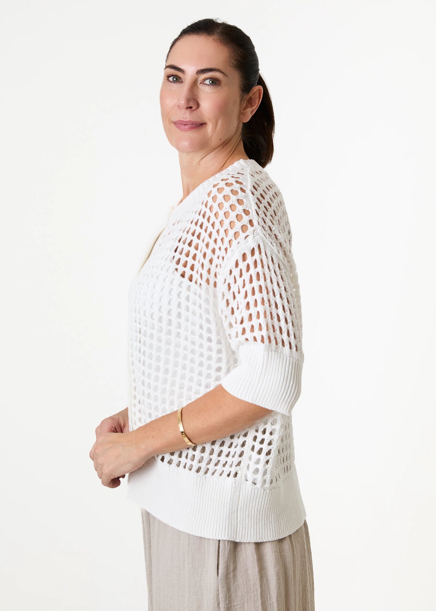 Cotton Mix Crew Neck Holes Button Cardigan / Jumper - Various Colours