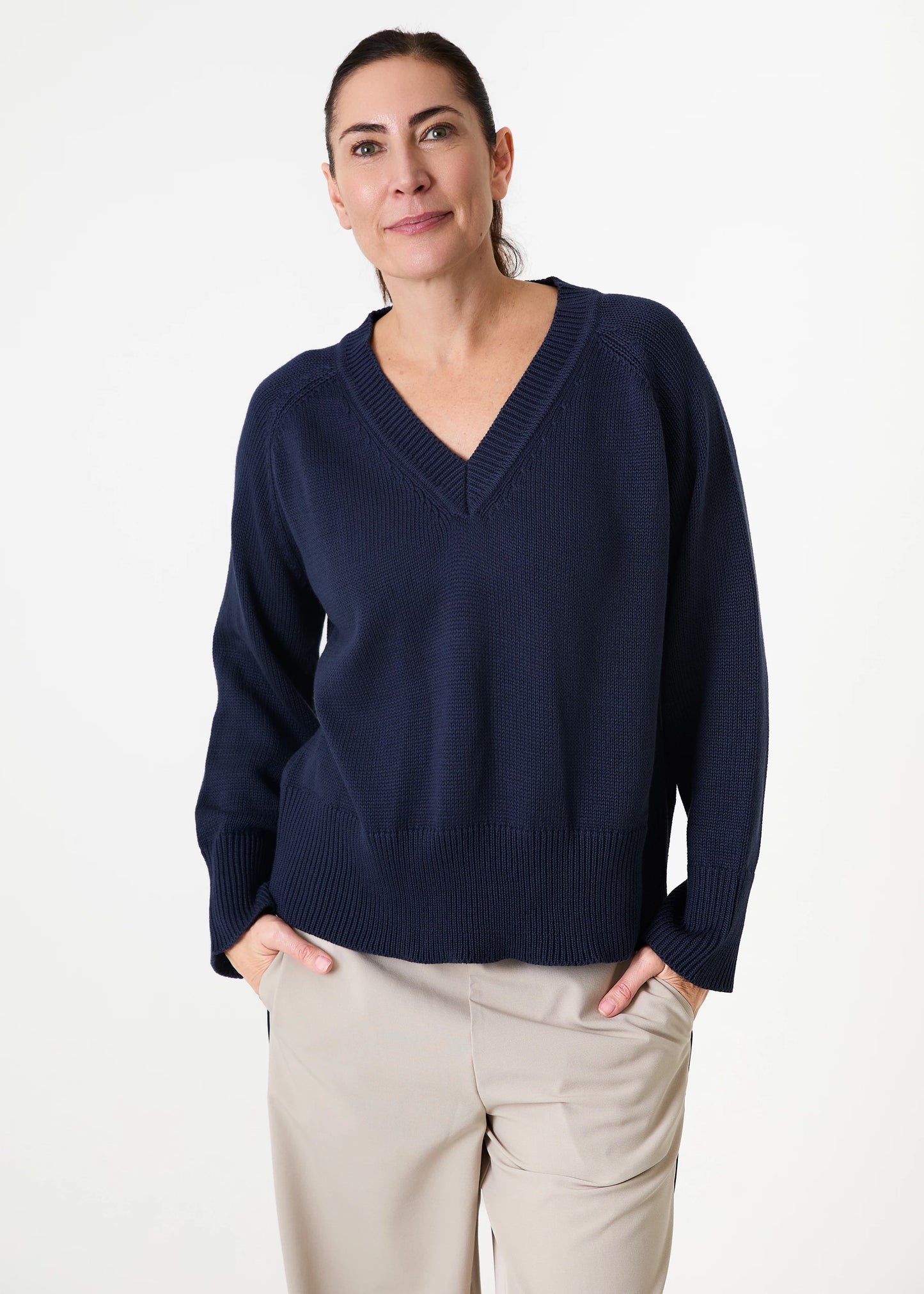 Cotton Mix Roll Edge v Neck Jumper - Various Colours