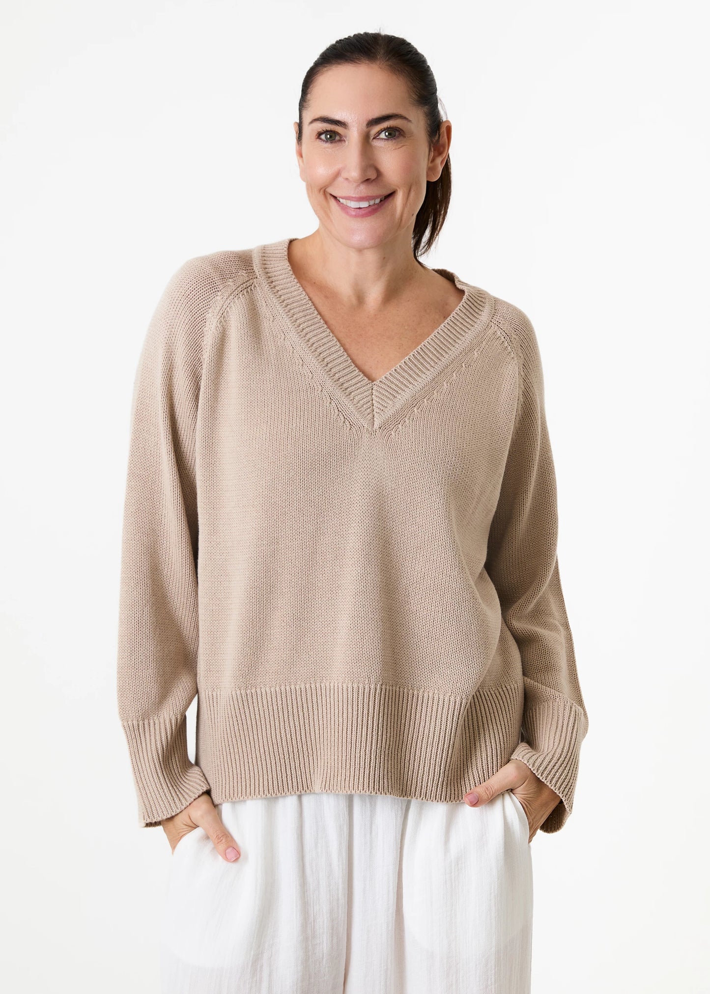 Cotton Mix Roll Edge v Neck Jumper - Various Colours